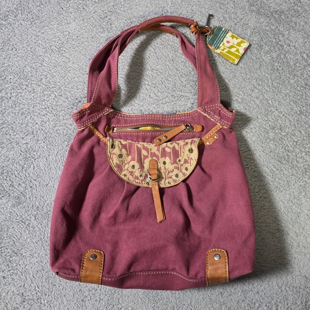 Fossil Womens Medium Hobo Bag Plum Purple Canvas Leather Floral Patchwork Trim